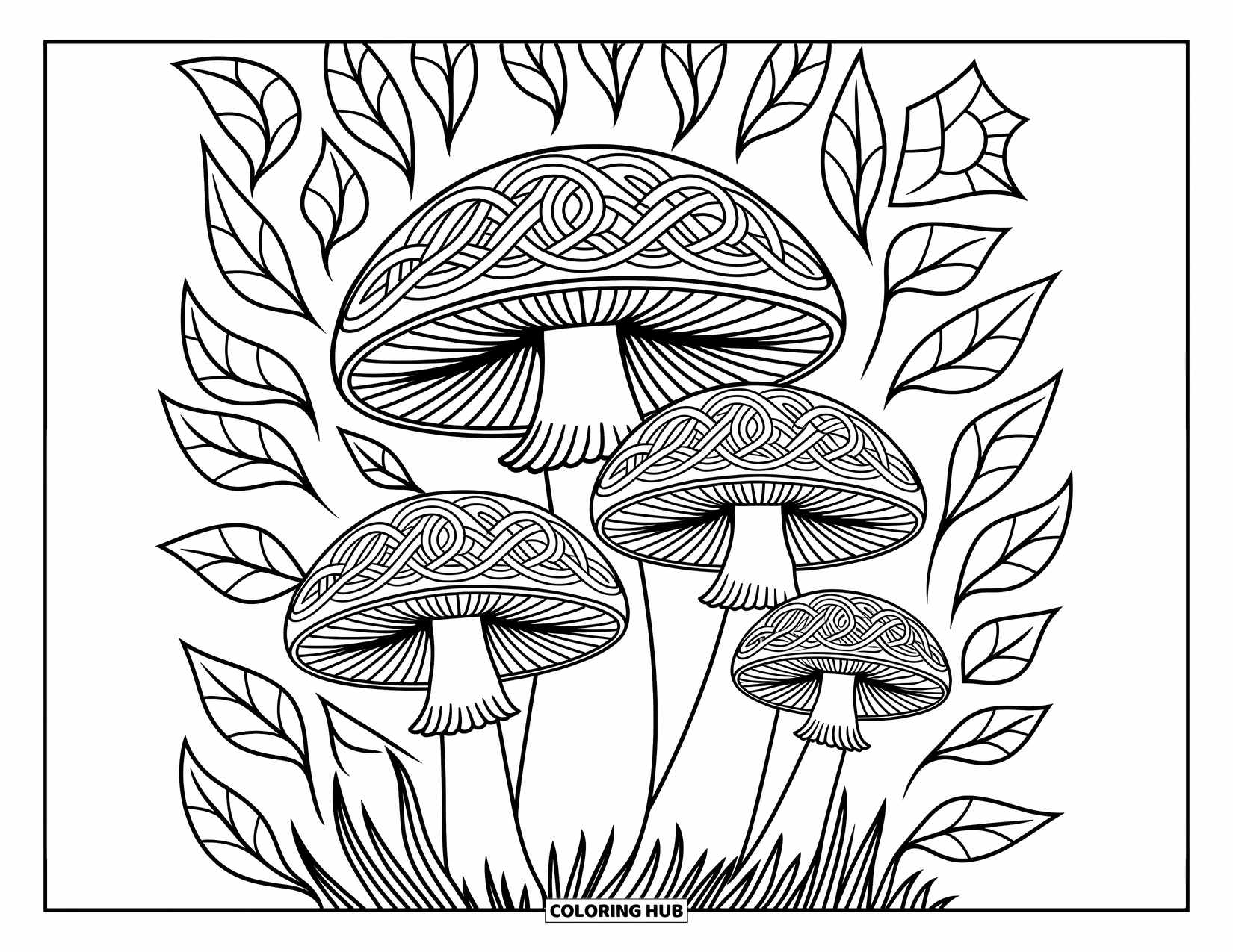 Mushroom Coloring Page for Adults: Large mushrooms with Celtic knot patterns on their caps