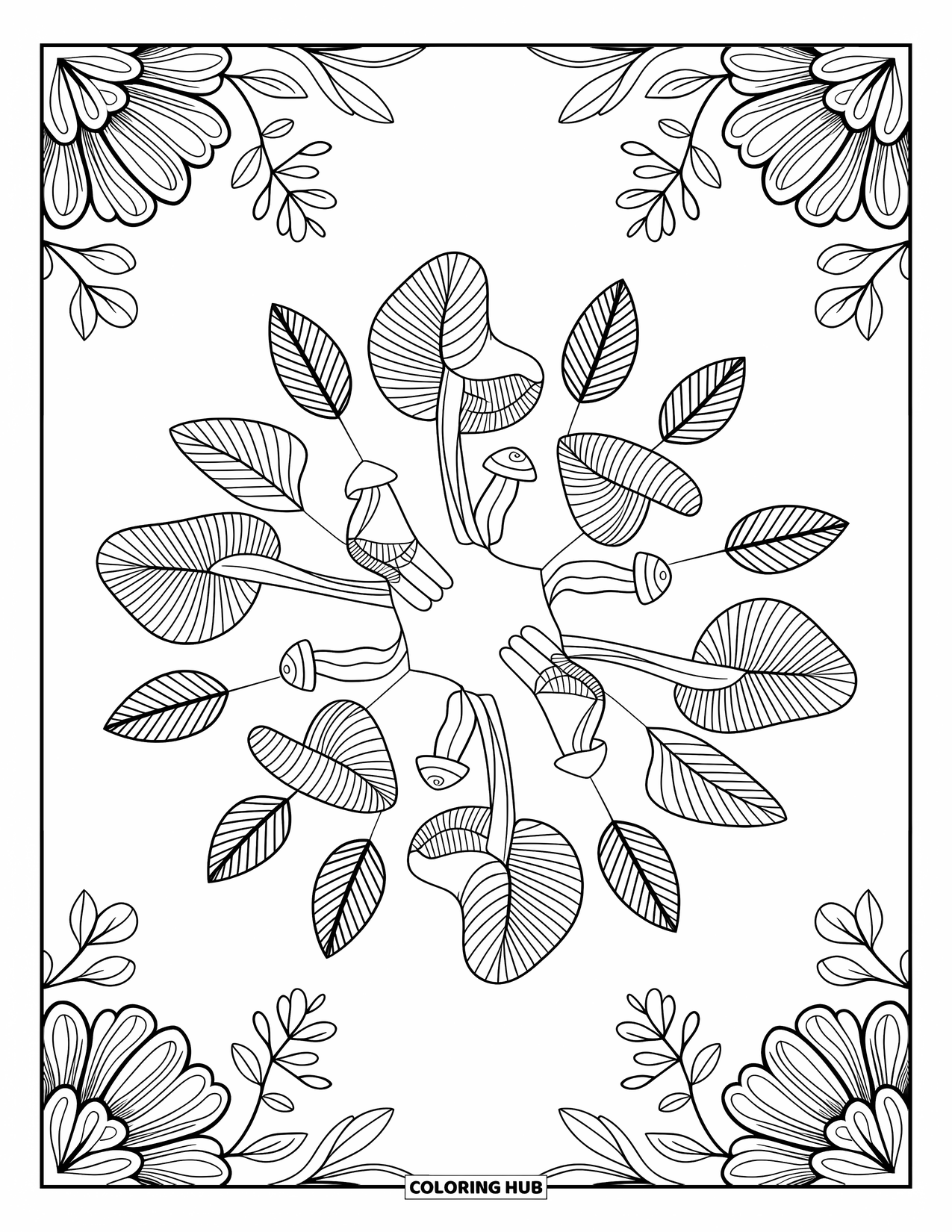 Mushroom Coloring Page for Adults: Mandala featuring mushrooms, leaves, and flowers