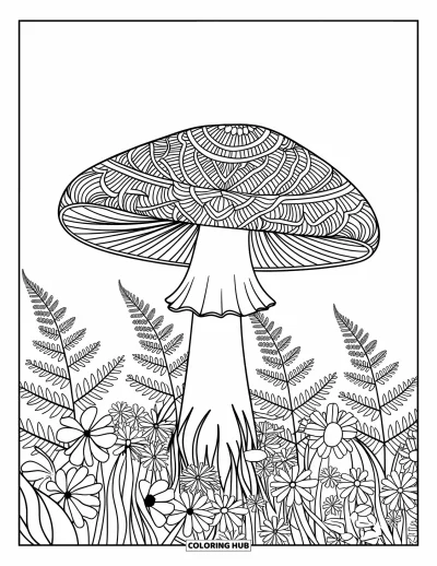 Mushroom Coloring Page for Adults: Mandala-patterned mushroom in a field of ferns and flowers