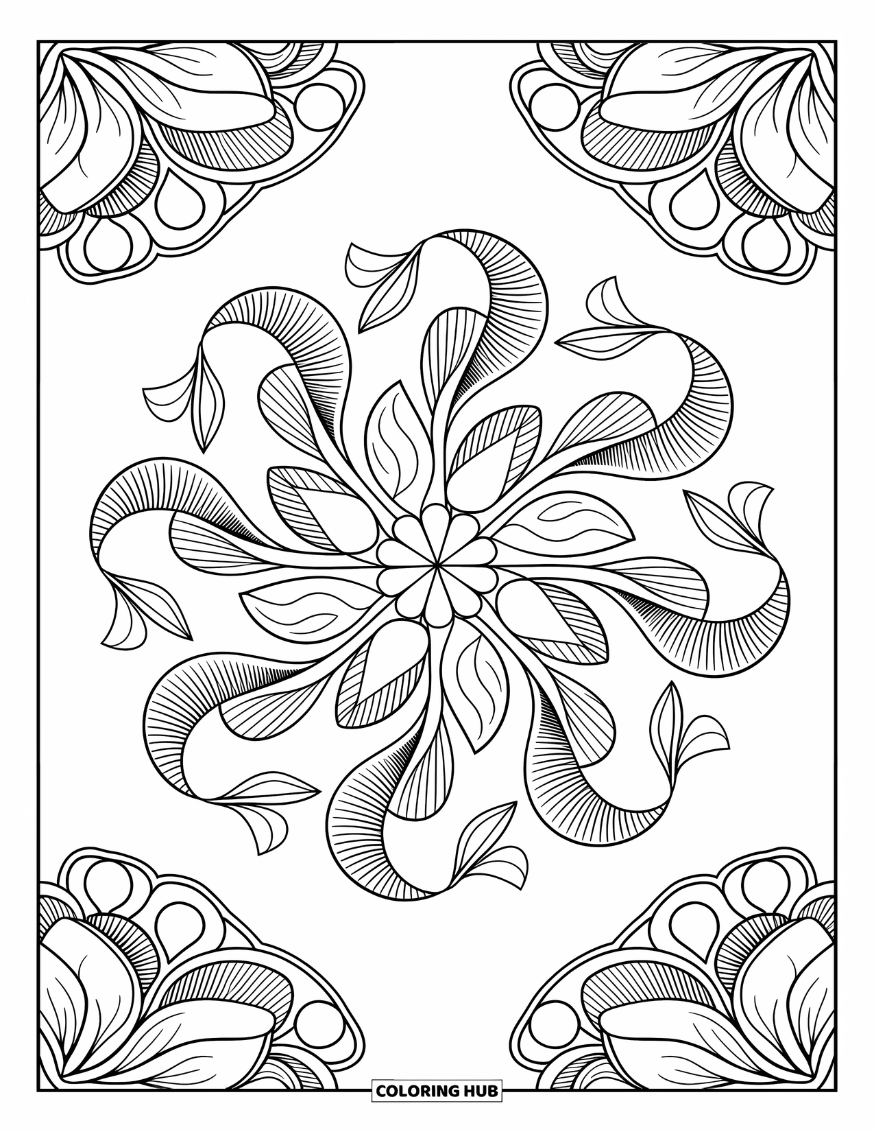 Mushroom Coloring Page for Adults: Mushroom mandala with leaves and floral patterns