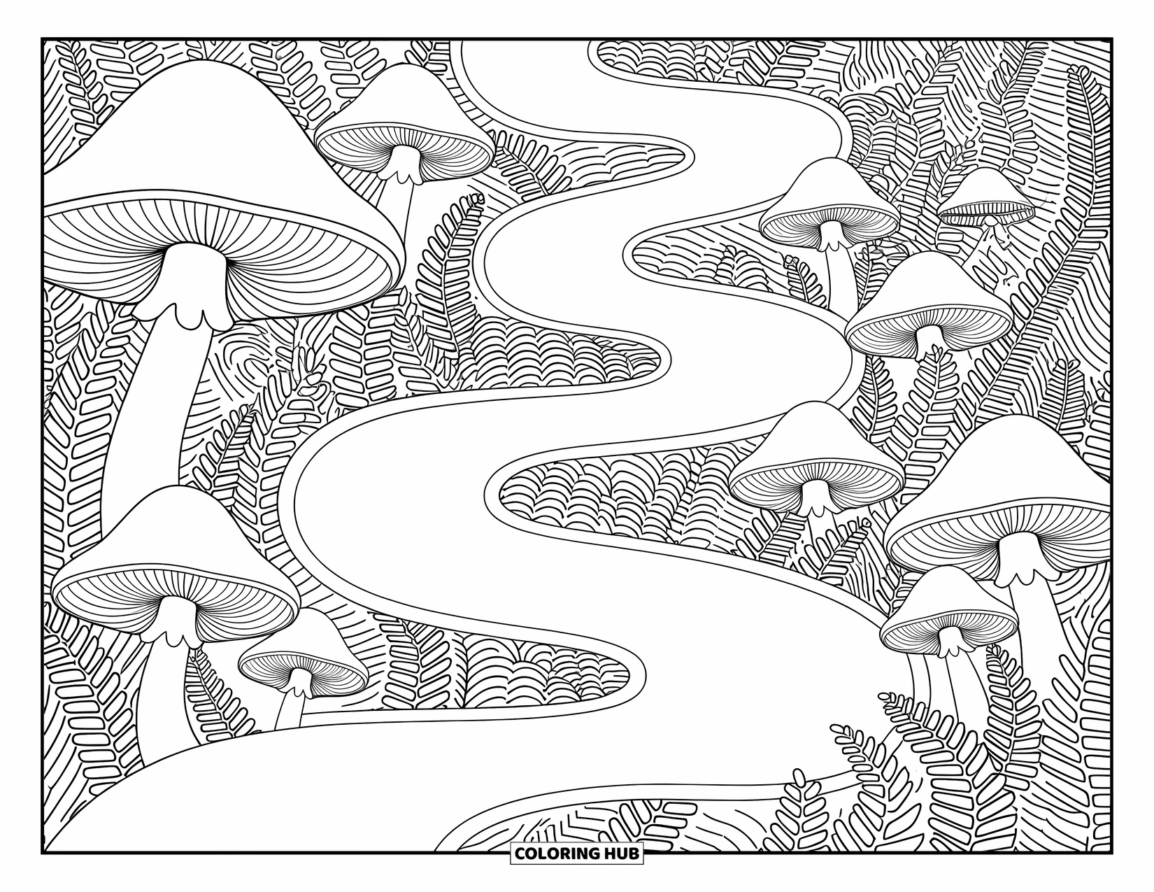 Mushroom Coloring Page for Adults: Mushroom path meandering through a dense forest of ferns