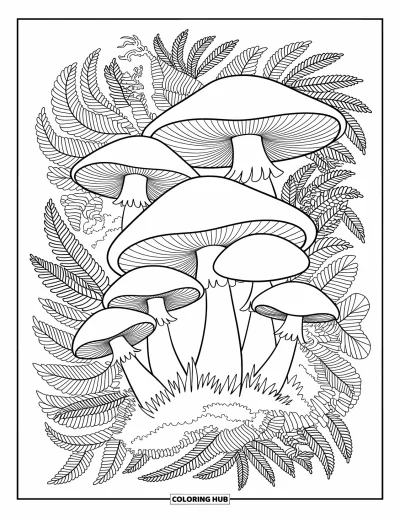Mushroom Coloring Page for Adults: Mushrooms among ferns, moss, and winding roots
