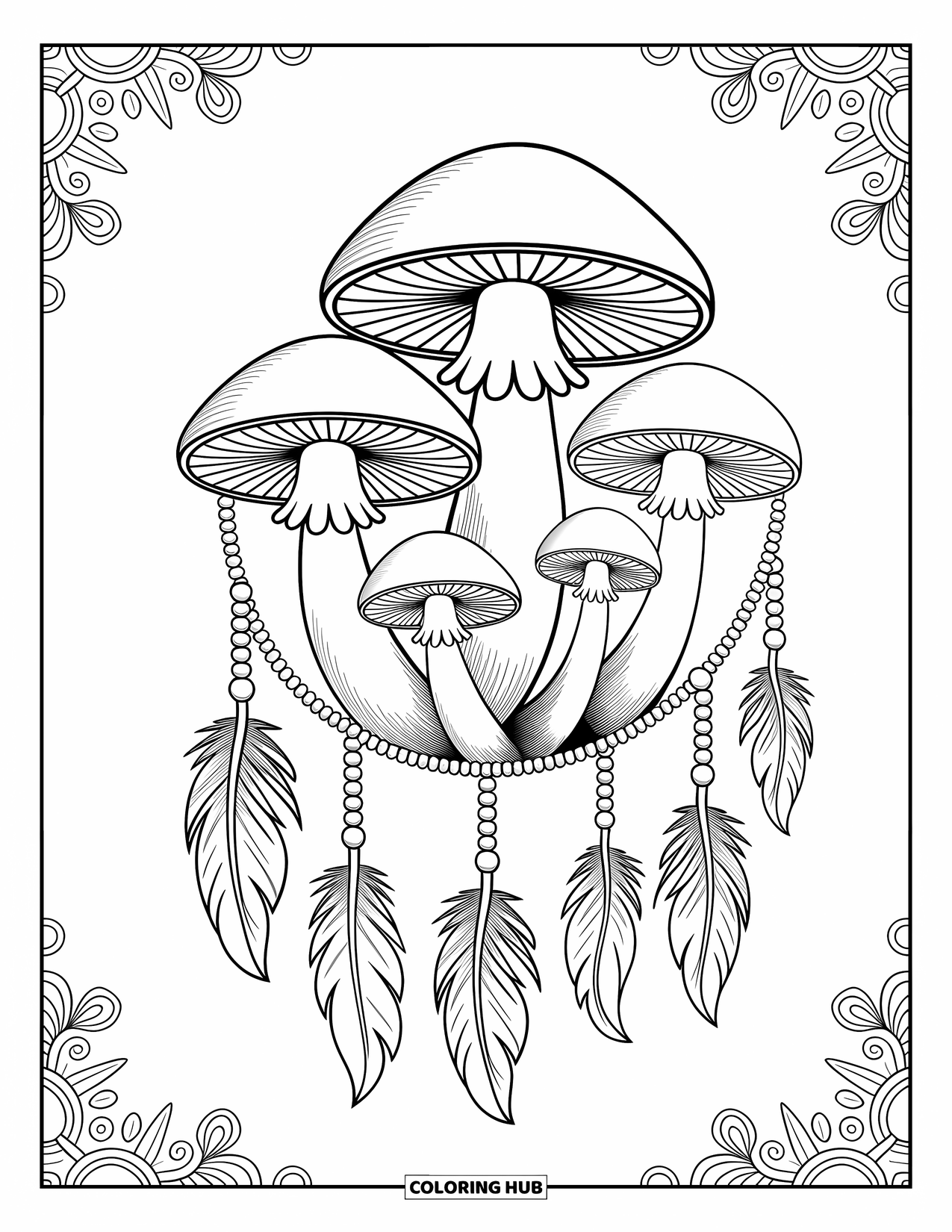 Mushroom Coloring Page for Adults: Mushrooms and dreamcatcher-like patterns with feathers