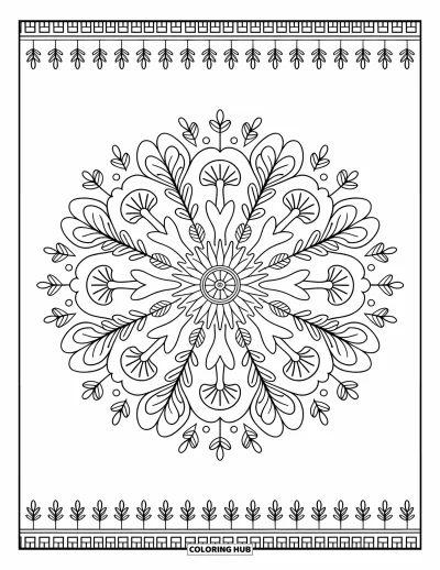 Mushroom Coloring Page for Adults: Mushrooms and leaves in a mandala pattern