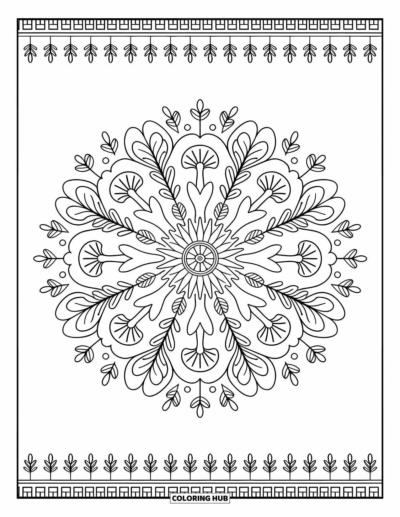 Mushroom Coloring Page for Adults: Mushrooms and leaves in a mandala pattern
