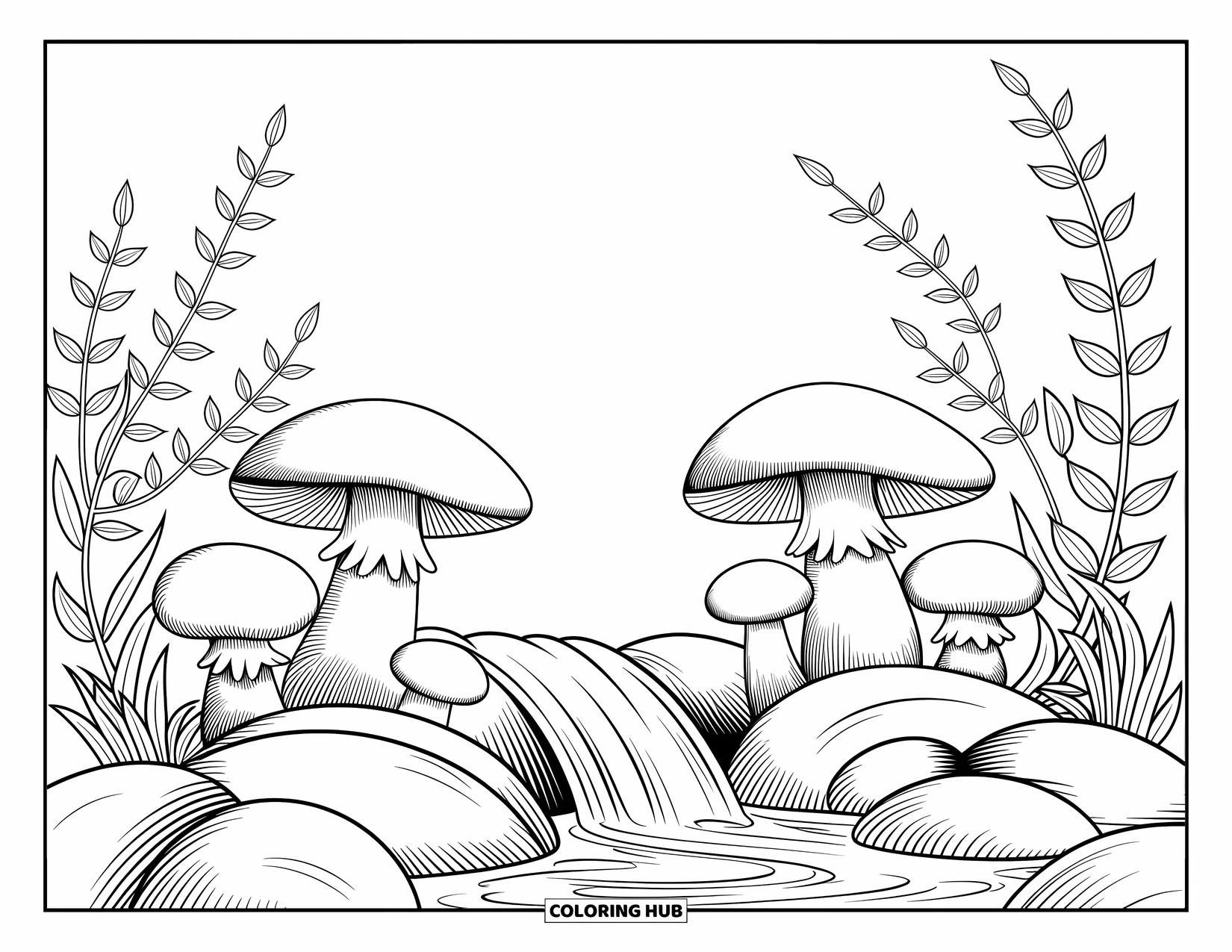Mushroom Coloring Page for Adults: Mushrooms and wild plants by a cascading waterfall