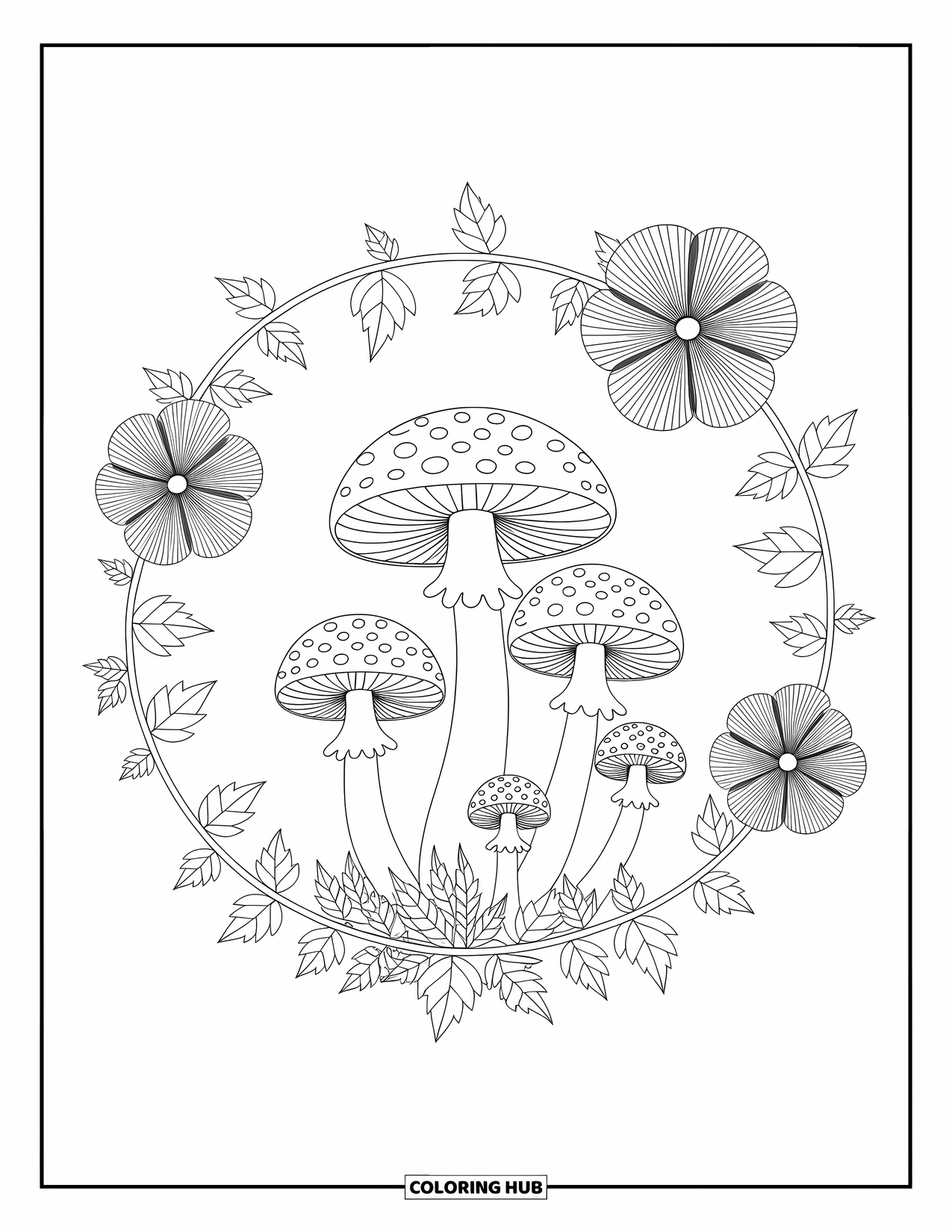 Mushroom Coloring Page for Adults: Mushrooms encircled by ivy and flowers with intricate patterns