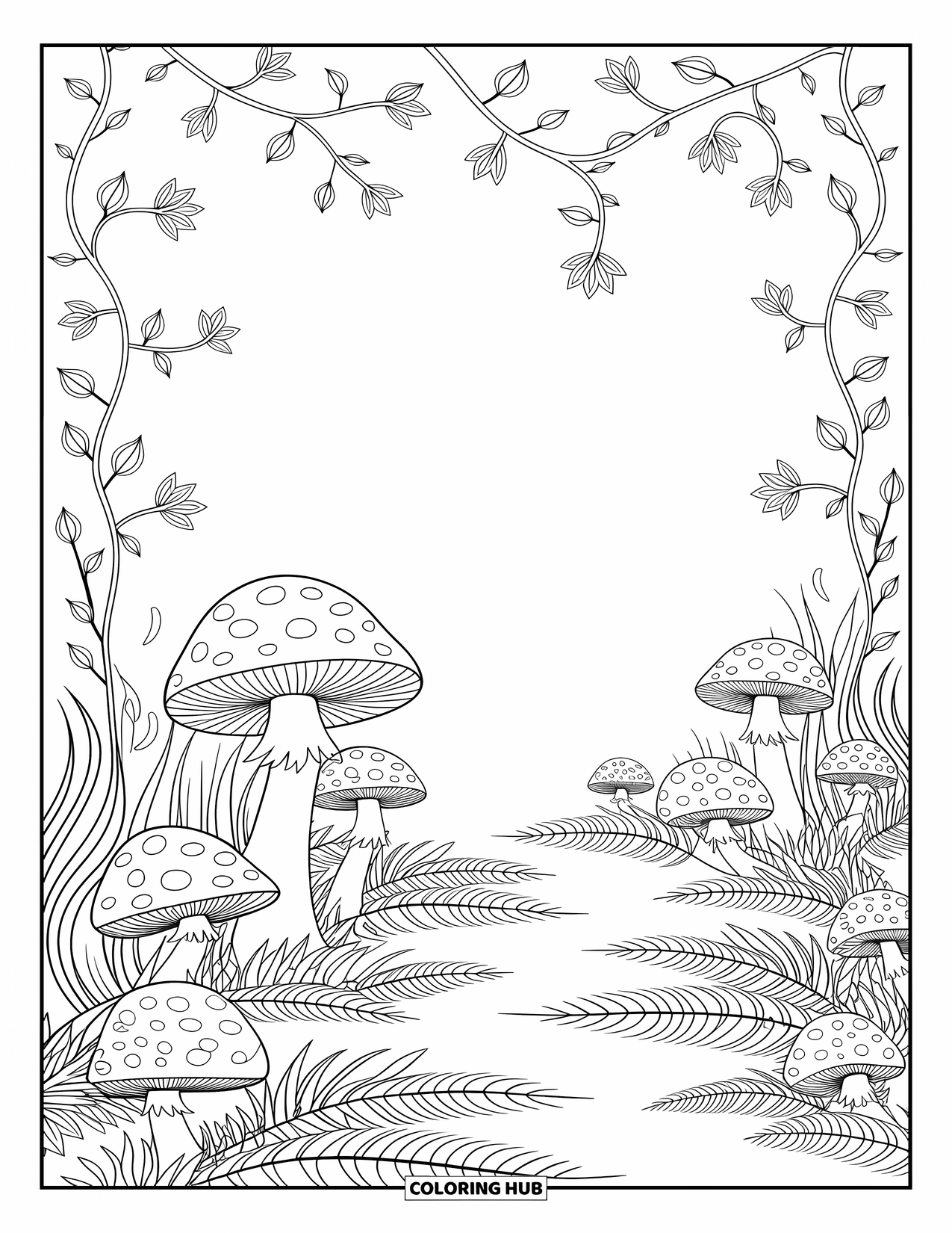 Mushroom Coloring Page for Adults: Mushrooms, fallen leaves, and root patterns on a forest floor