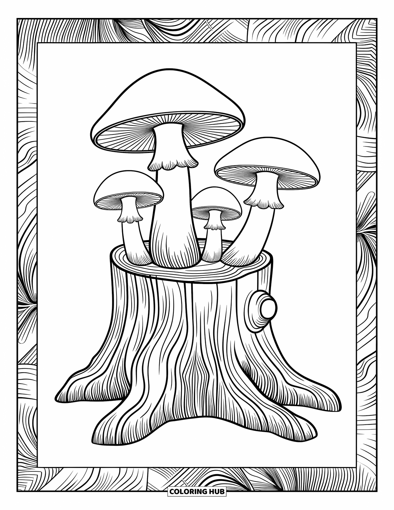 Mushroom Coloring Page for Adults: Mushrooms growing from a tree stump with intricate bark textures