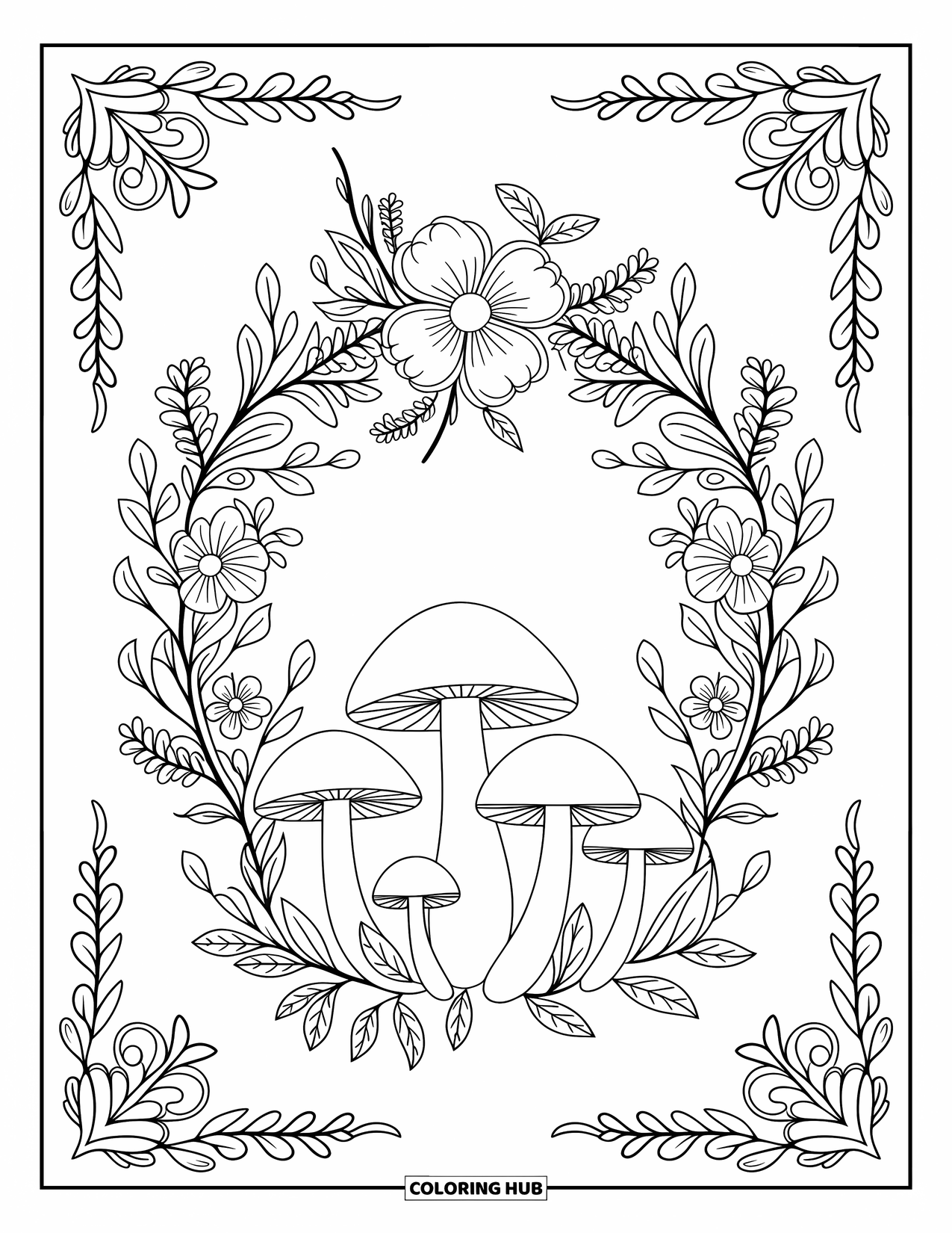 Mushroom Coloring Page for Adults: Mushrooms in a circle, surrounded by ivy and blooming flowers