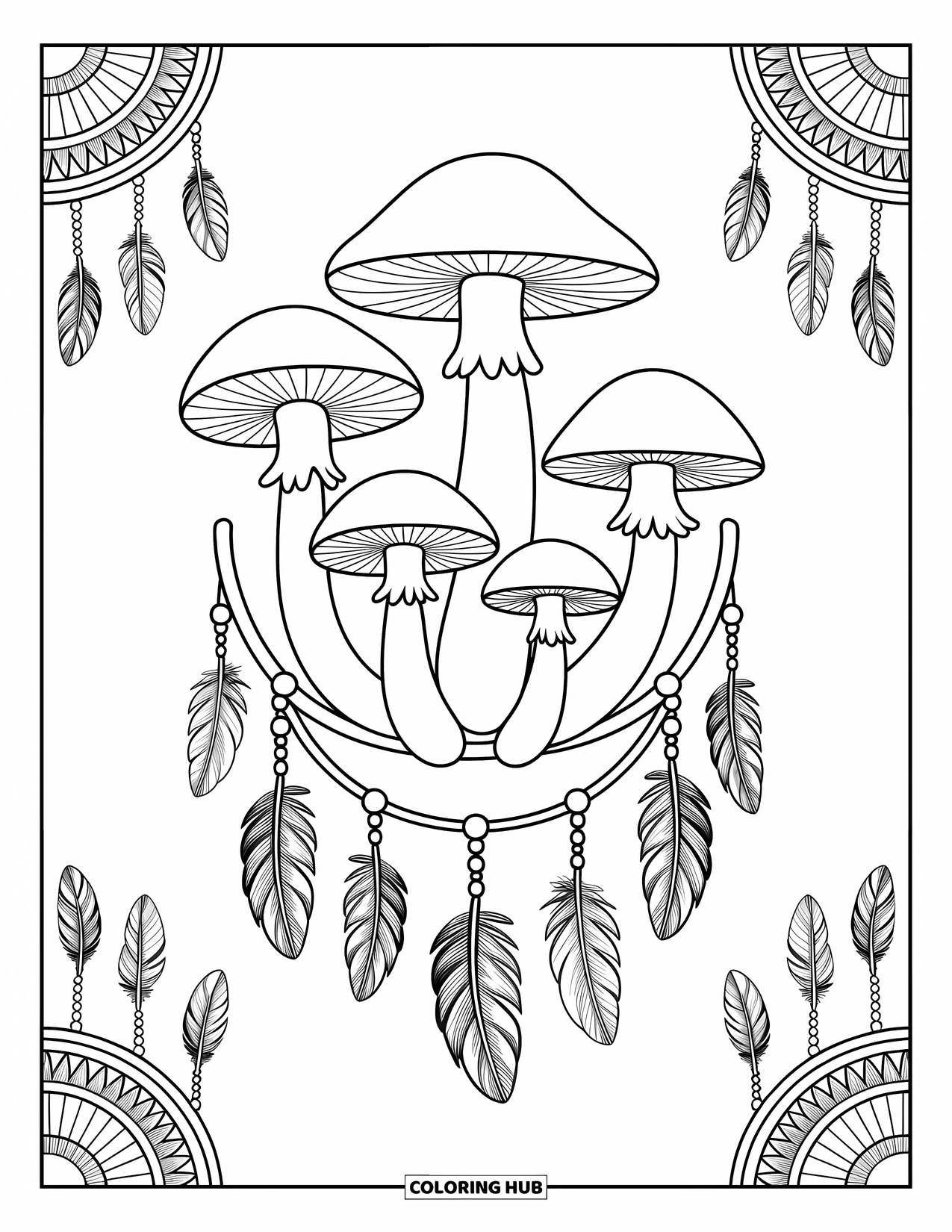 Mushroom Coloring Page for Adults: Mushrooms interwoven with dreamcatcher feathers and beads