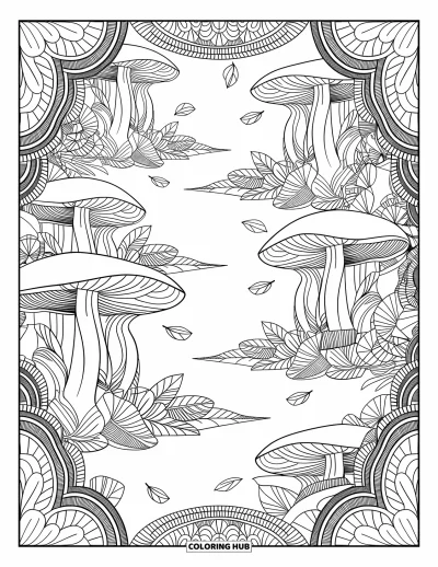 Mushroom Coloring Page for Adults: Mushrooms on a forest floor with detailed roots and vines