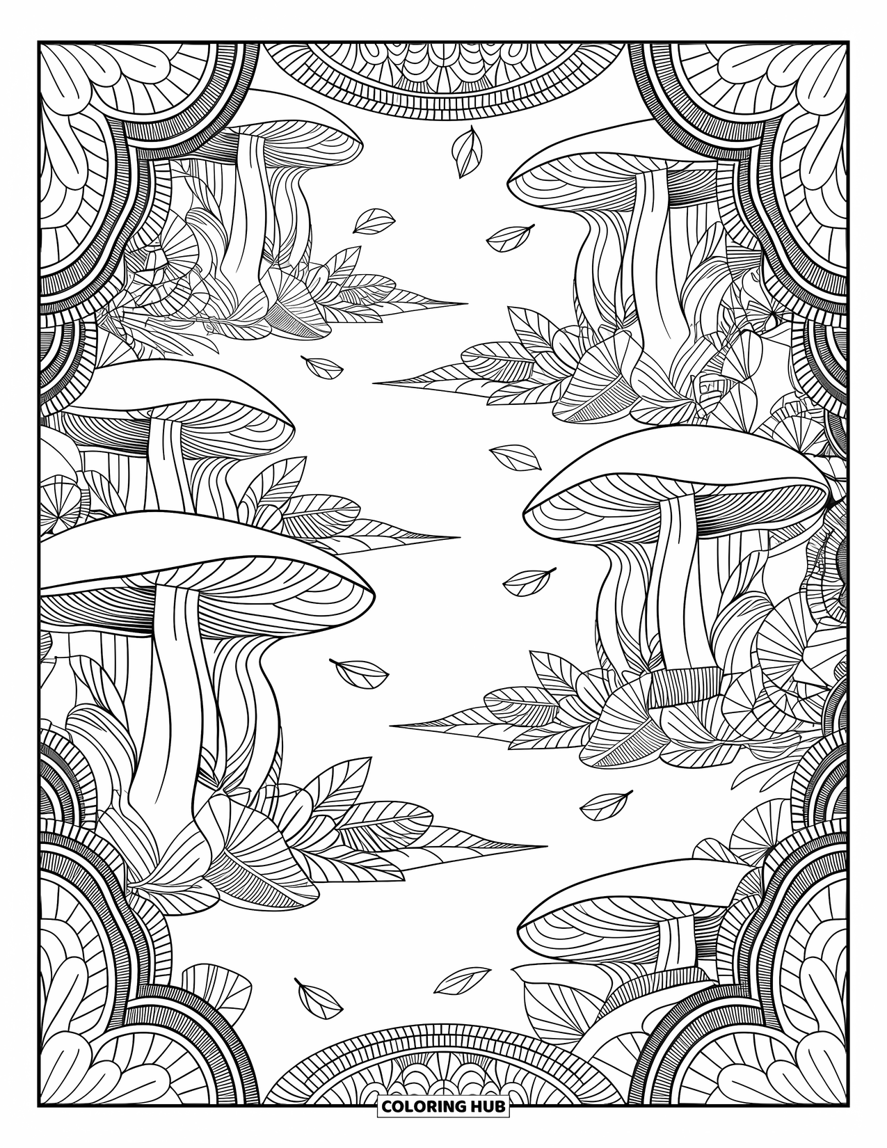 Mushroom Coloring Page for Adults: Mushrooms on a forest floor with detailed roots and vines