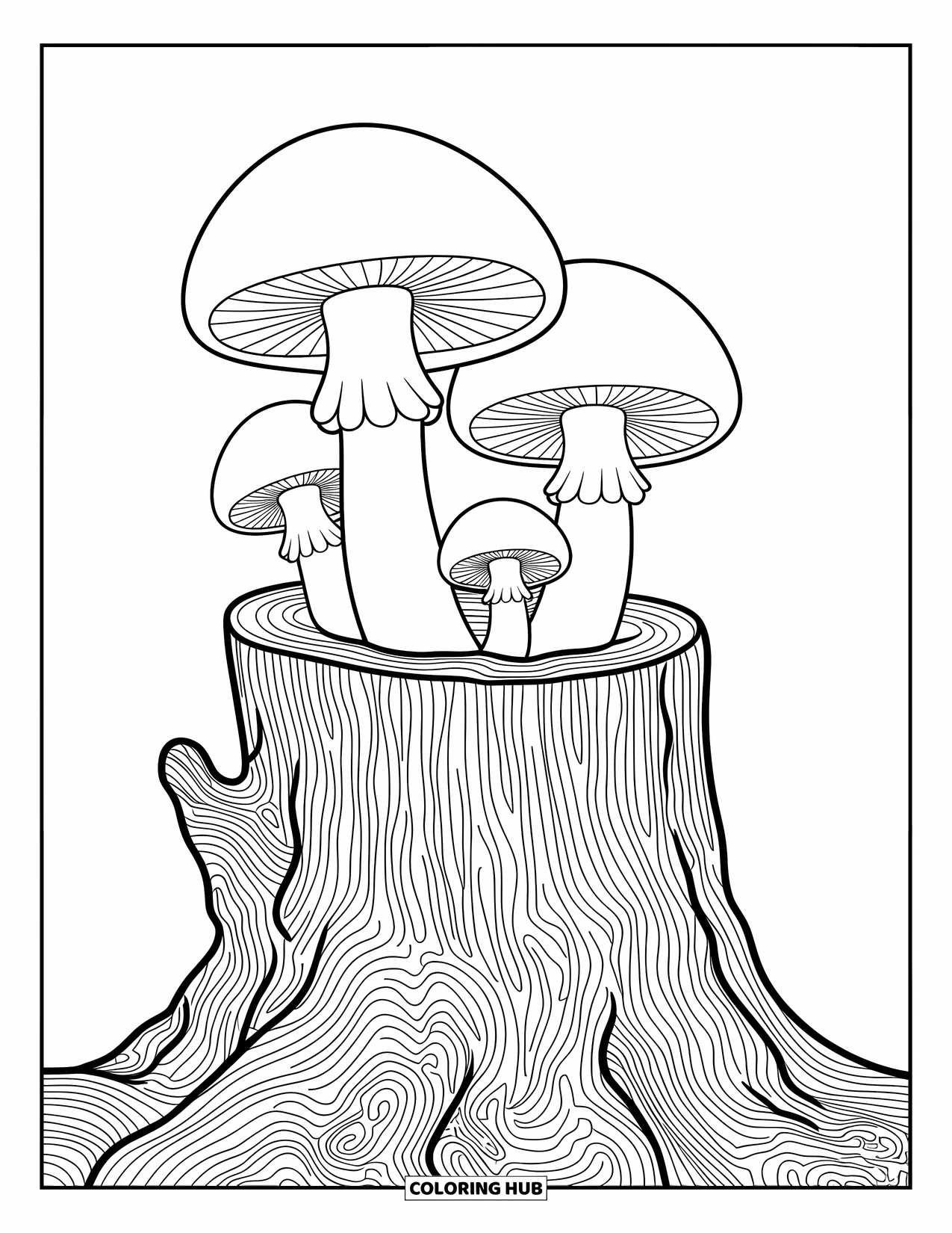 Mushroom Coloring Page for Adults: Mushrooms on a tree stump with detailed bark patterns