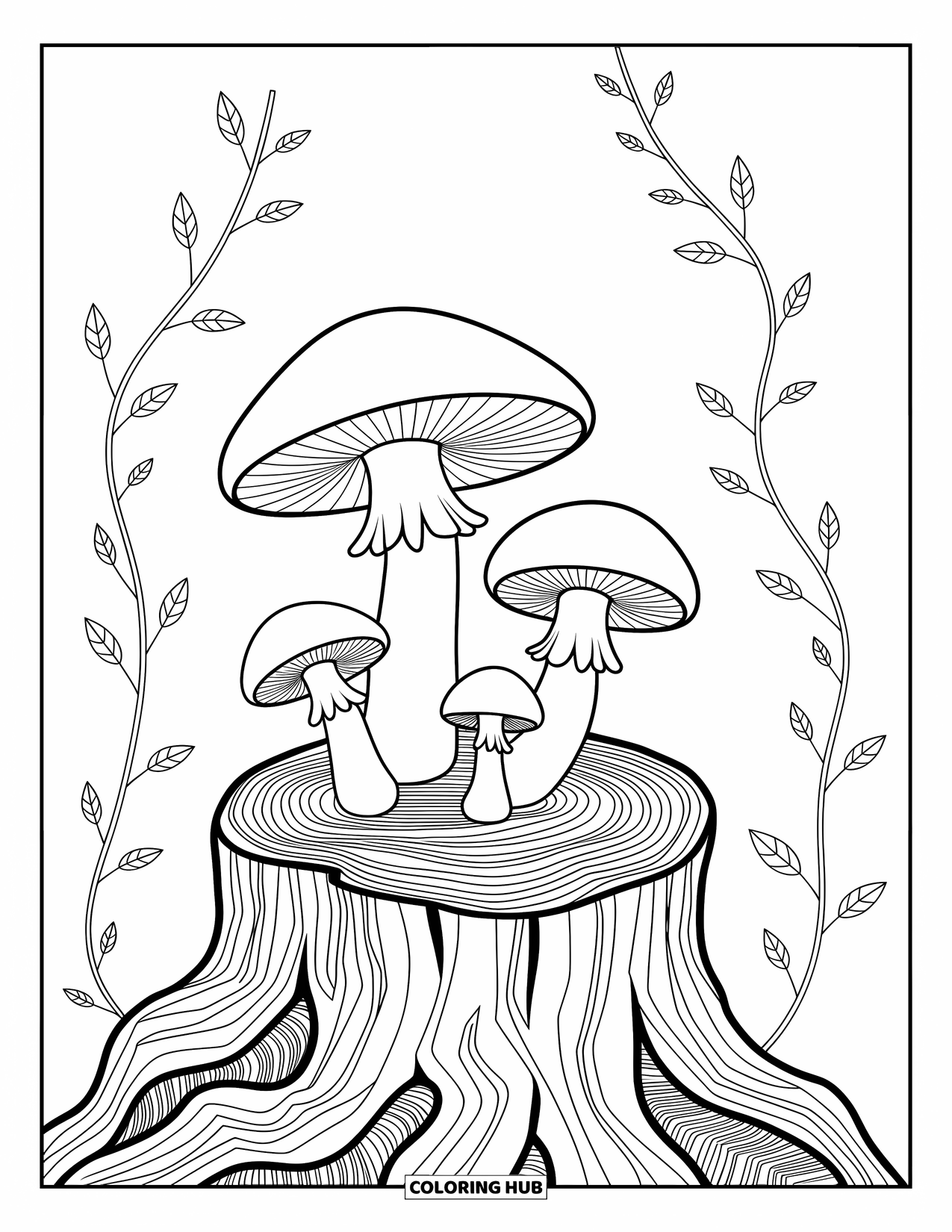 Mushroom Coloring Page for Adults: Mushrooms rising from a textured tree stump with swirling vines