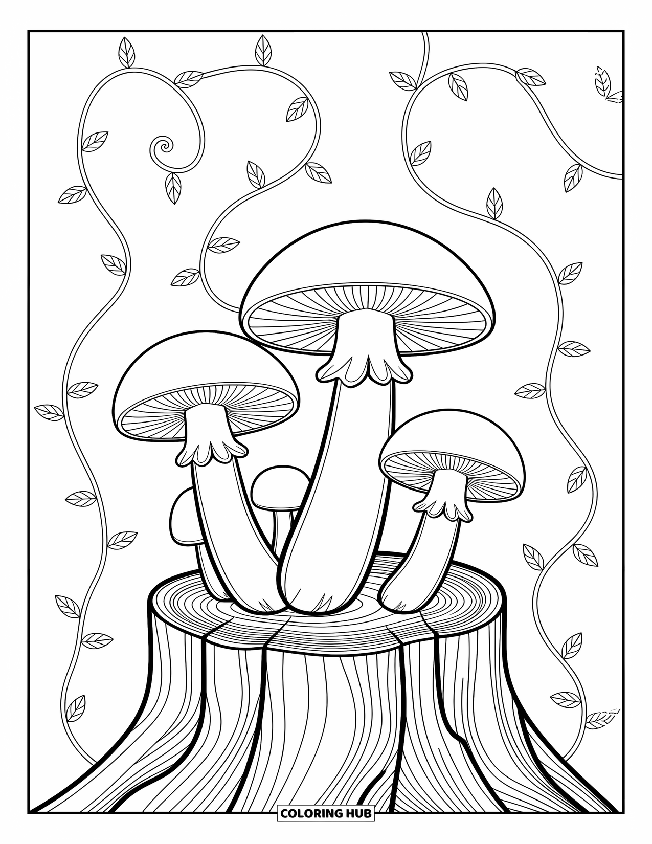 Mushroom Coloring Page for Adults: Mushrooms sprouting from a detailed tree stump