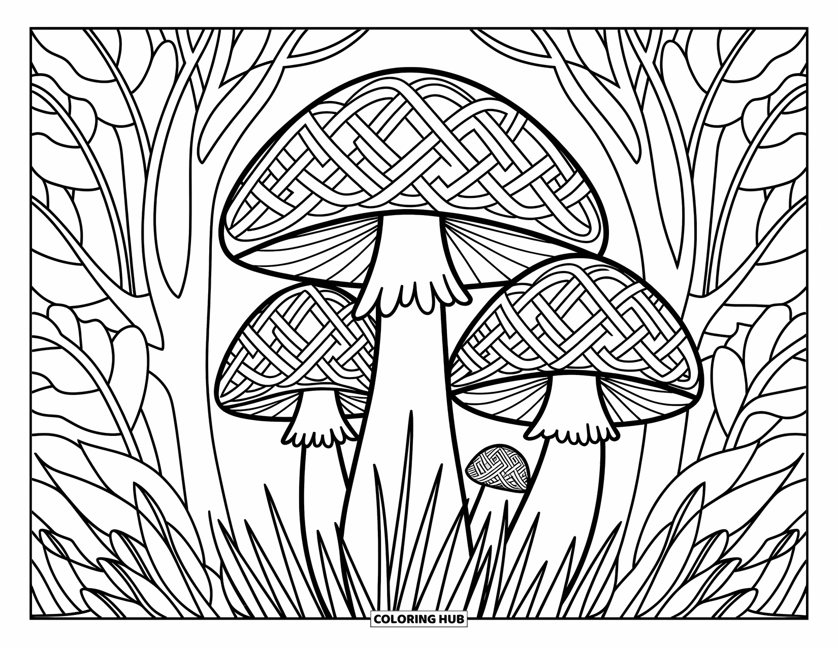 Mushroom Coloring Page for Adults: Mushrooms with Celtic knots surrounded by forest foliage