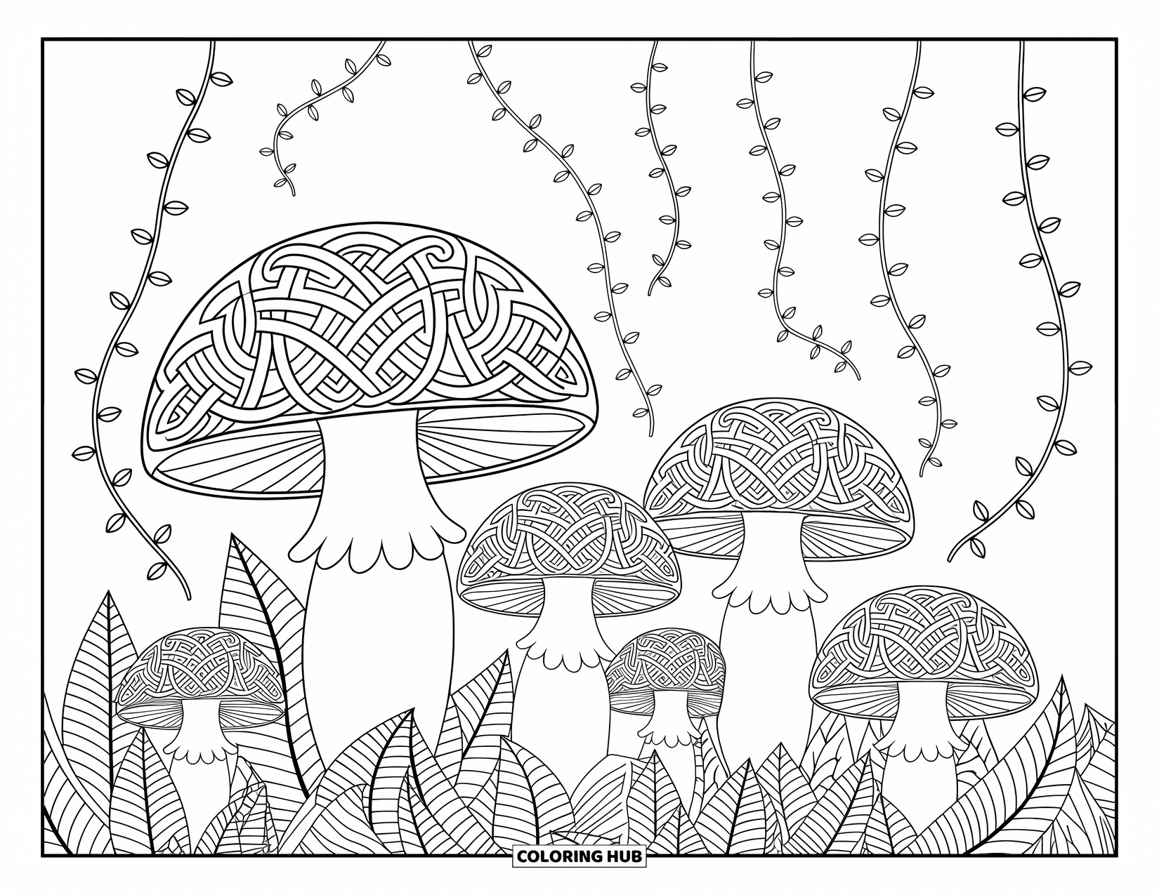 Mushroom Coloring Page for Adults: Mushrooms with Celtic patterns and detailed vines