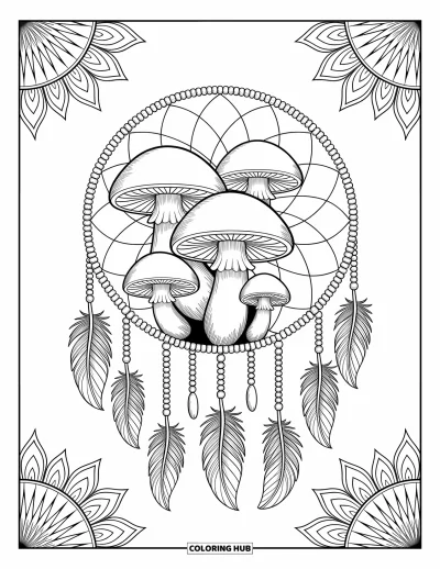 Mushroom Coloring Page for Adults: Mushrooms with dreamcatcher patterns of feathers and beads