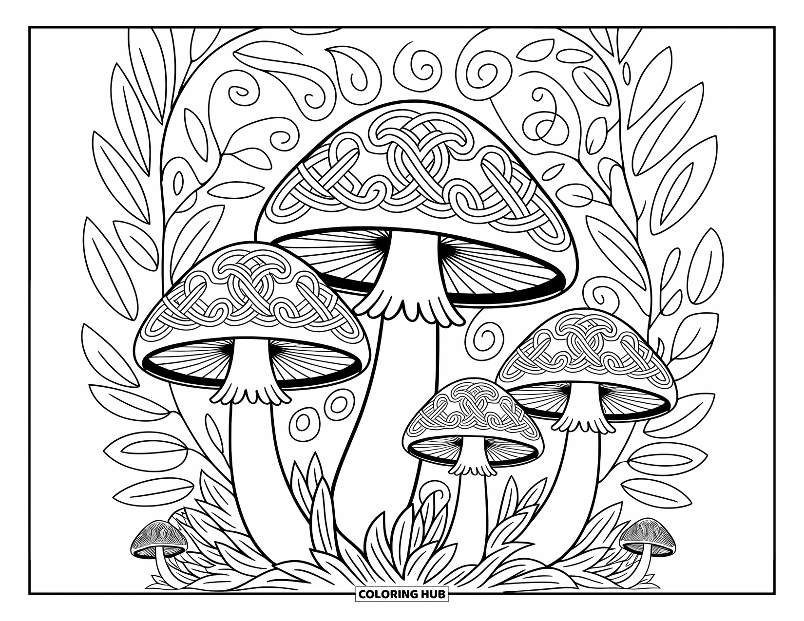 Mushroom Coloring Page for Adults: Mushrooms with intricate Celtic patterns in a dense forest