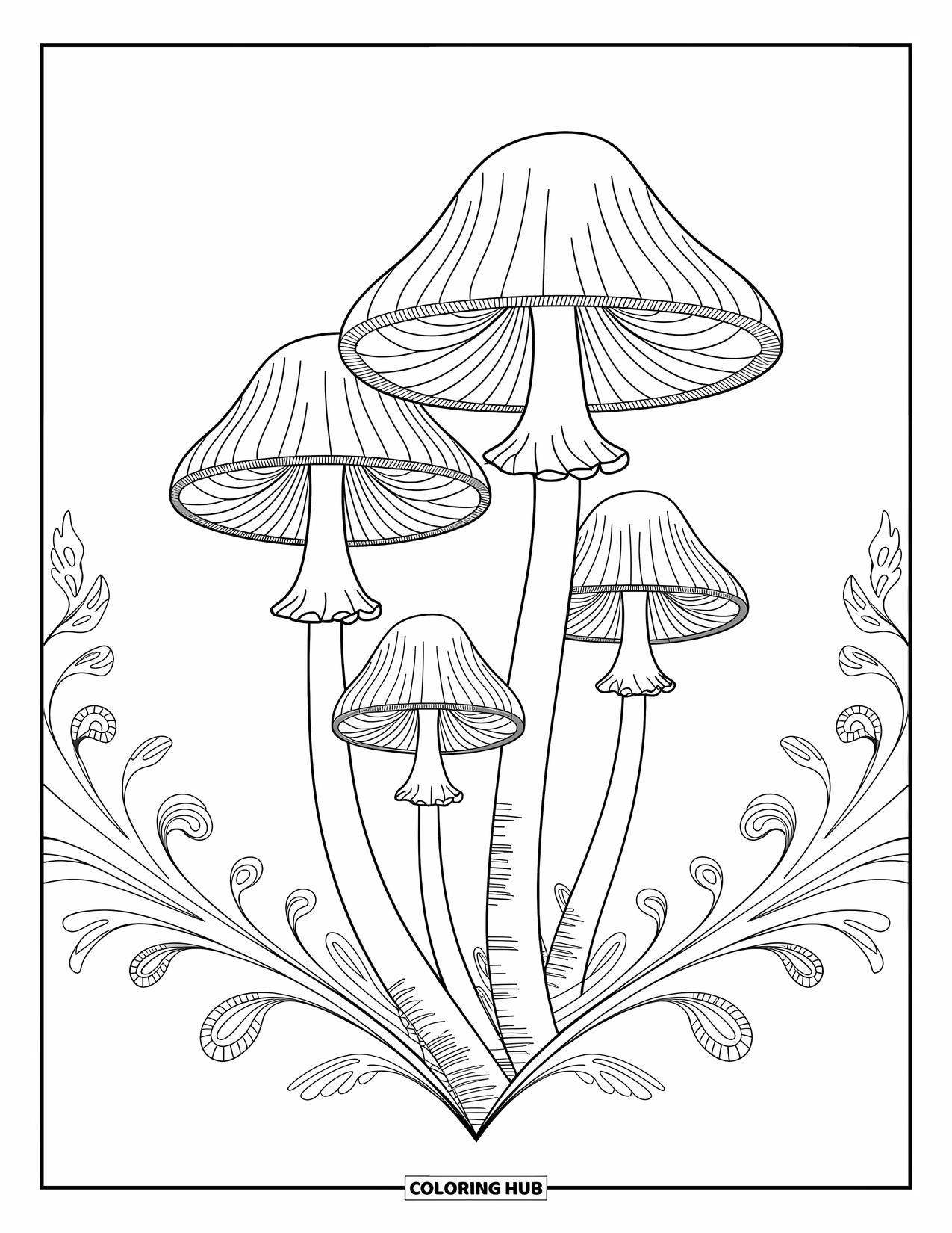 Mushroom Coloring Page for Adults: Mushrooms with intricate petal-like designs