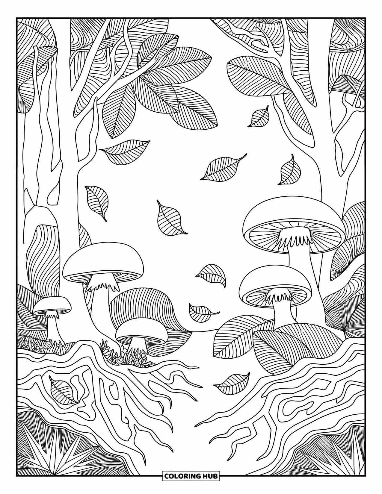 Mushroom Coloring Page for Adults: Mushrooms with intricate roots and fallen leaves