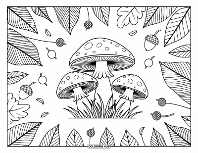 Mushroom Coloring Page for Adults: Mushrooms with leaf patterns, berries, and acorns