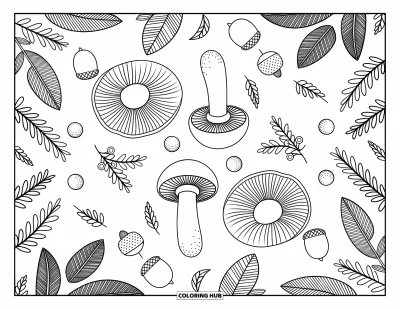Mushroom Coloring Page for Adults: Mushrooms with leaf patterns, berries, and acorns scattered around