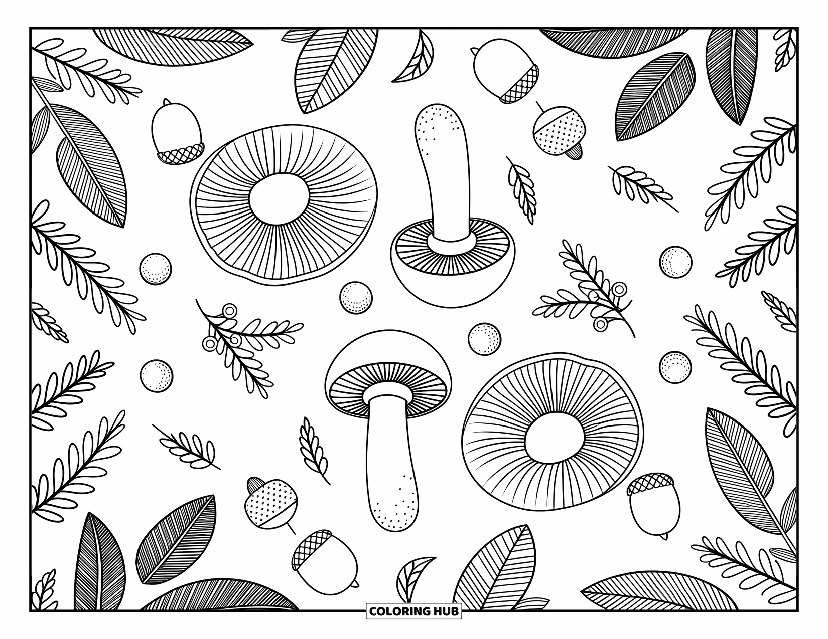 Mushroom Coloring Page for Adults: Mushrooms with leaf patterns, berries, and acorns scattered around