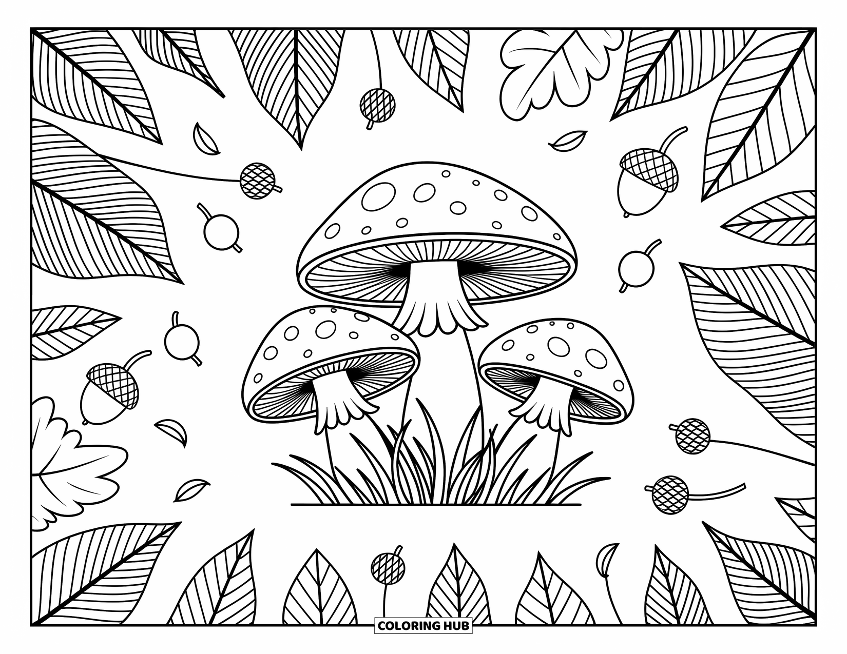 Mushroom Coloring Page for Adults: Mushrooms with leaf patterns, berries, and acorns