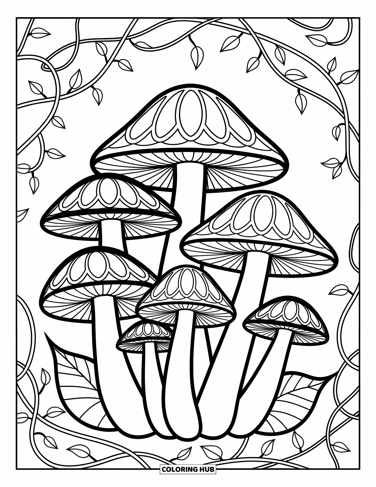 Mushroom Coloring Page for Adults: Mushrooms with stained-glass patterns and vine details