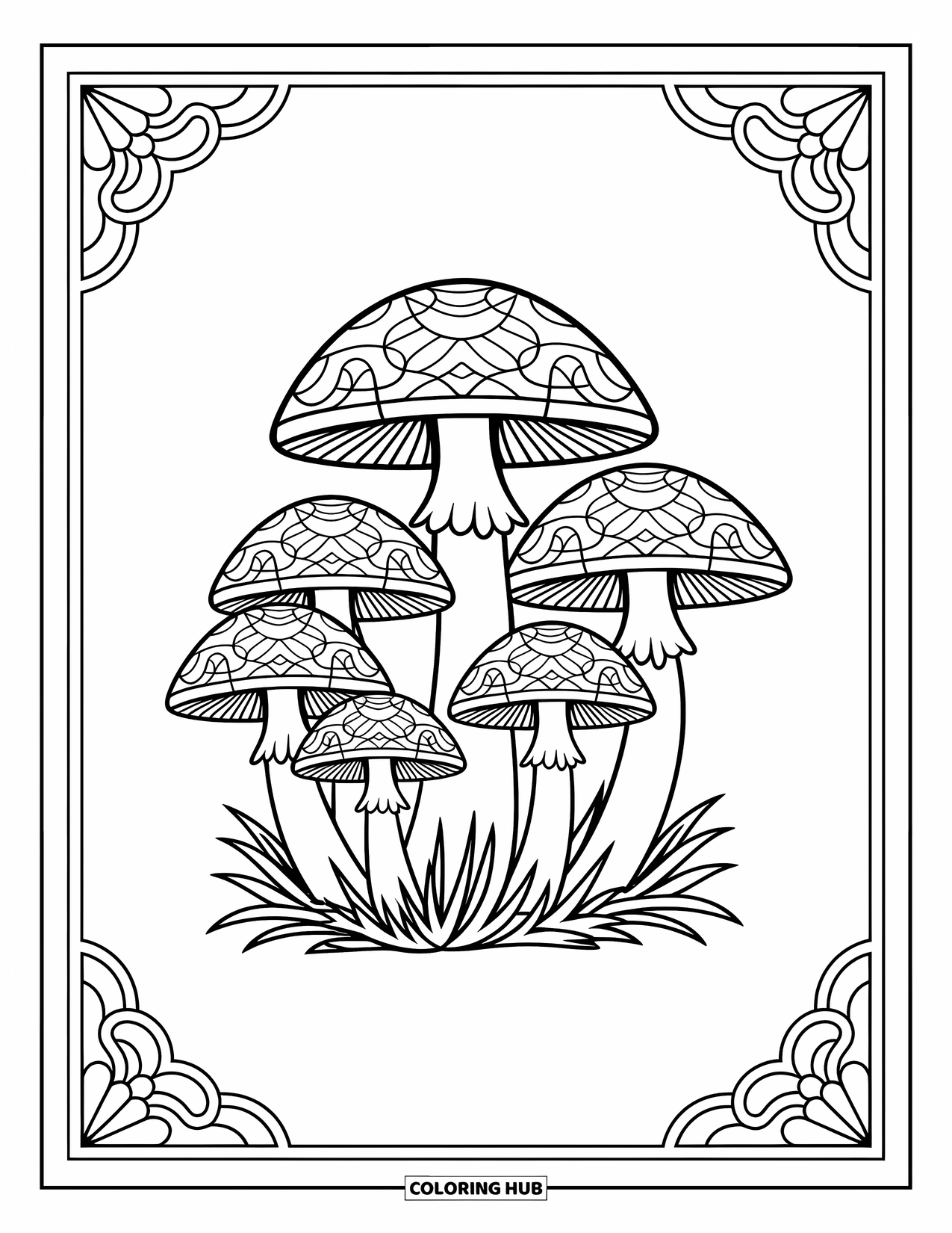Mushroom Coloring Page for Adults: Mushrooms with stained-glass patterns on their caps