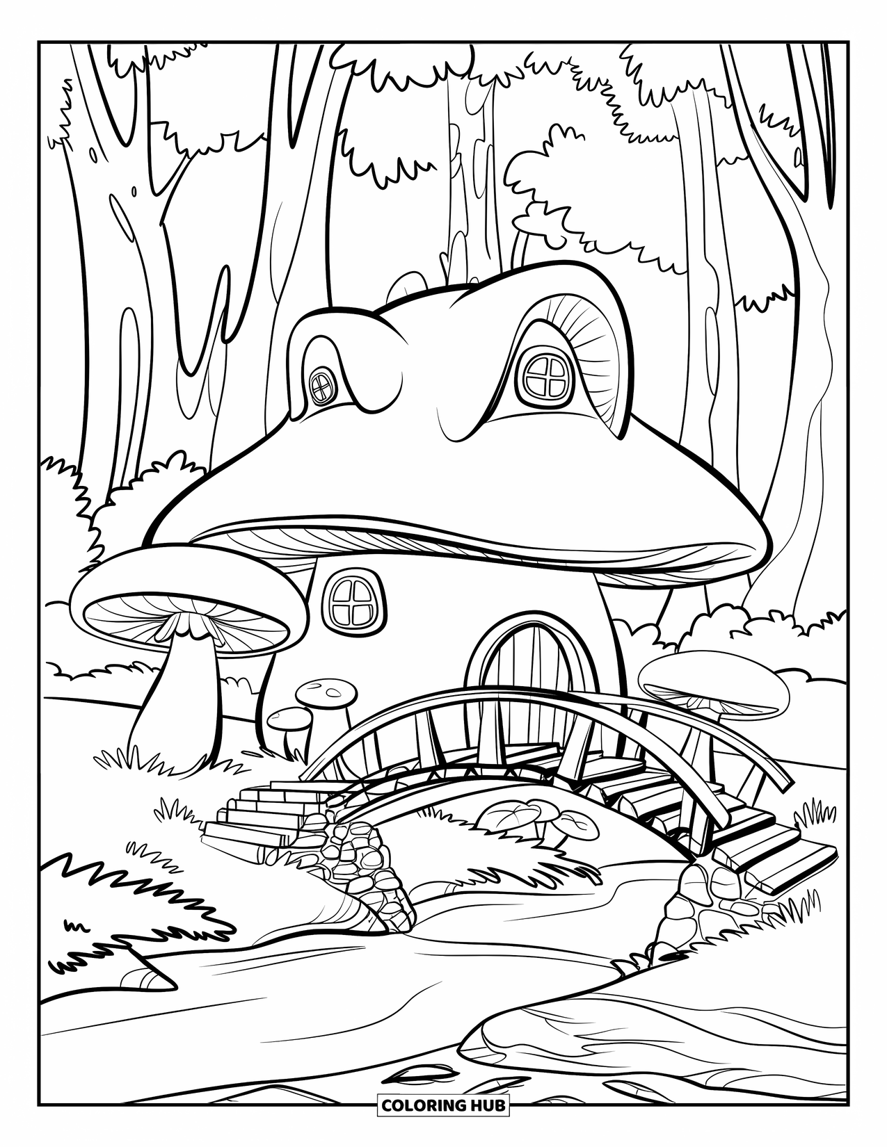 Mushroom Coloring Page for Kids: A bridge crossing a stream to a mushroom house