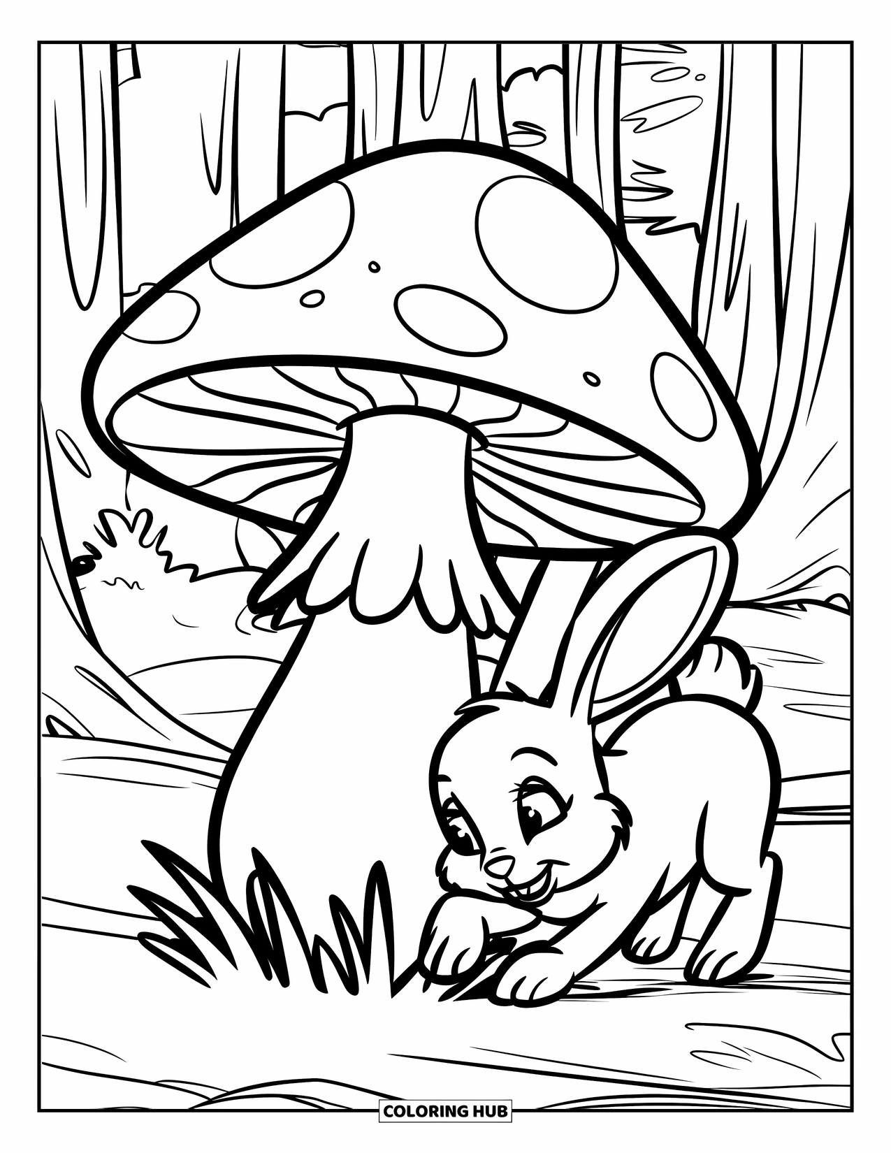 Mushroom Coloring Page for Kids: A bunny sniffing around a large mushroom