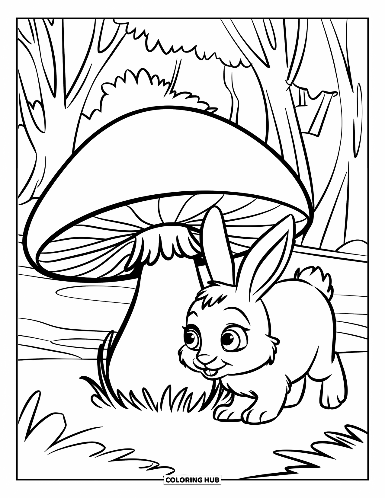 Mushroom Coloring Page for Kids: A bunny with big eyes sniffing around a mushroom