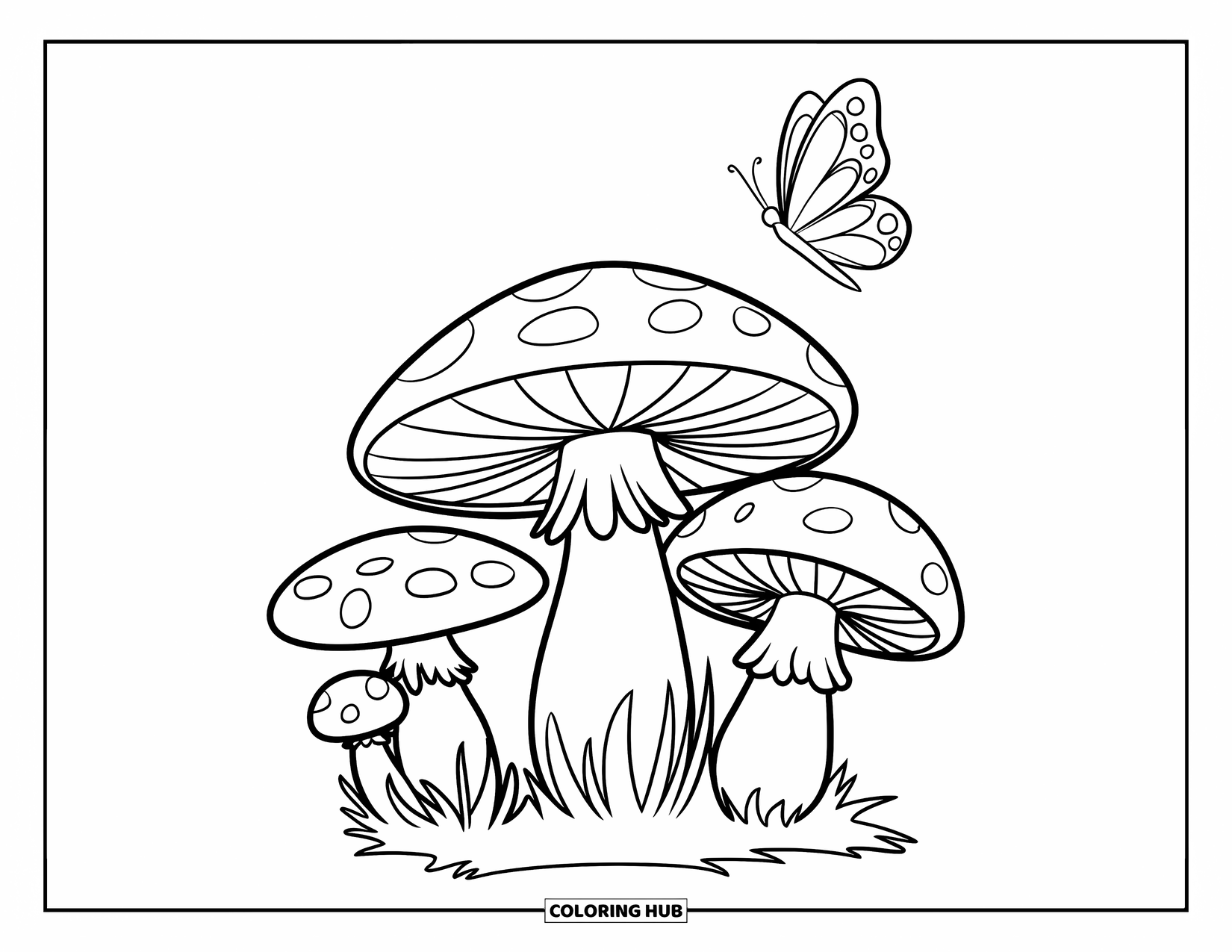 Mushroom Coloring Page for Kids: A butterfly exploring a cluster of mushrooms