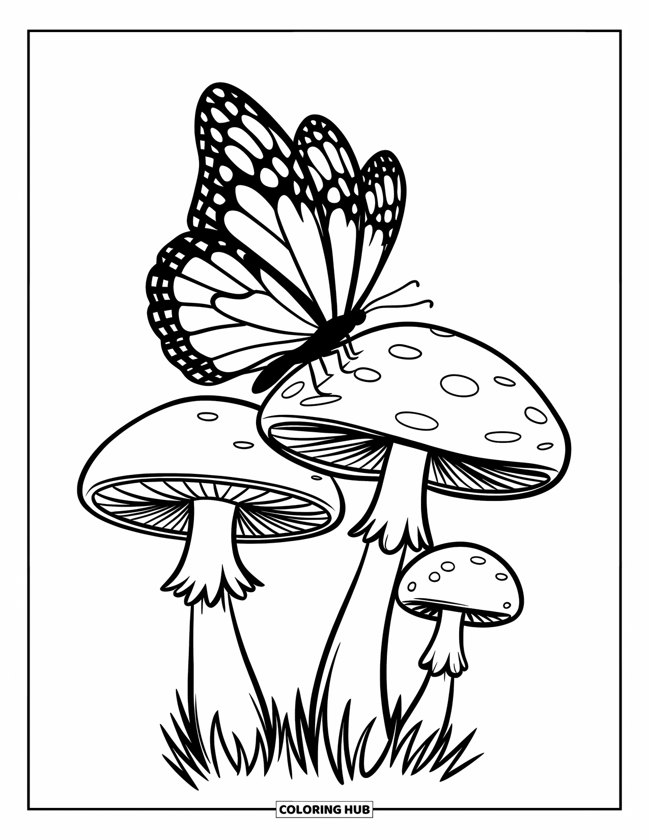 Mushroom Coloring Page for Kids: A butterfly fluttering above two mushrooms