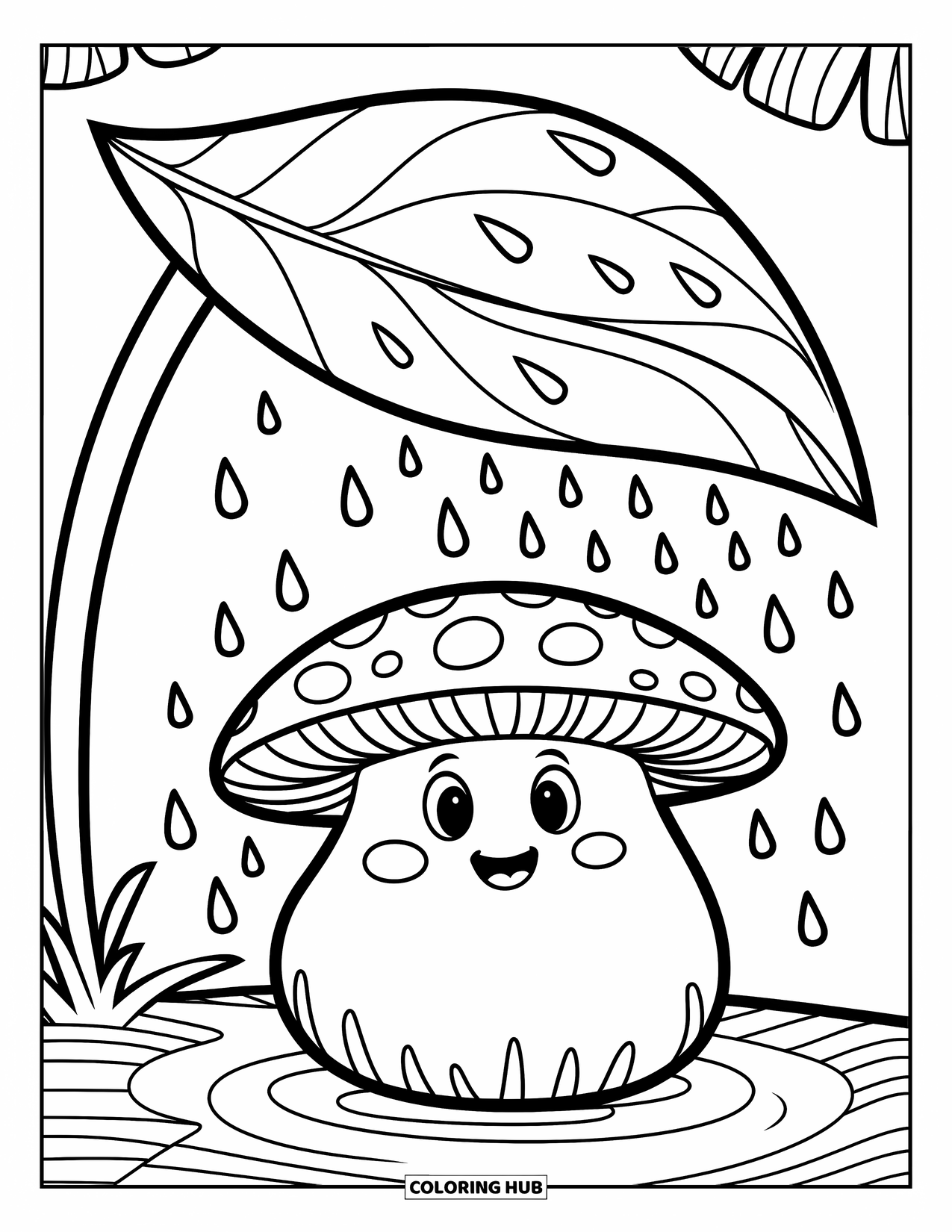 Mushroom Coloring Page for Kids: A chubby mushroom under a curved leaf with raindrops