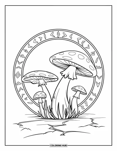 Mushroom Coloring Page for Kids: A circle of mushrooms with ancient runes on the caps