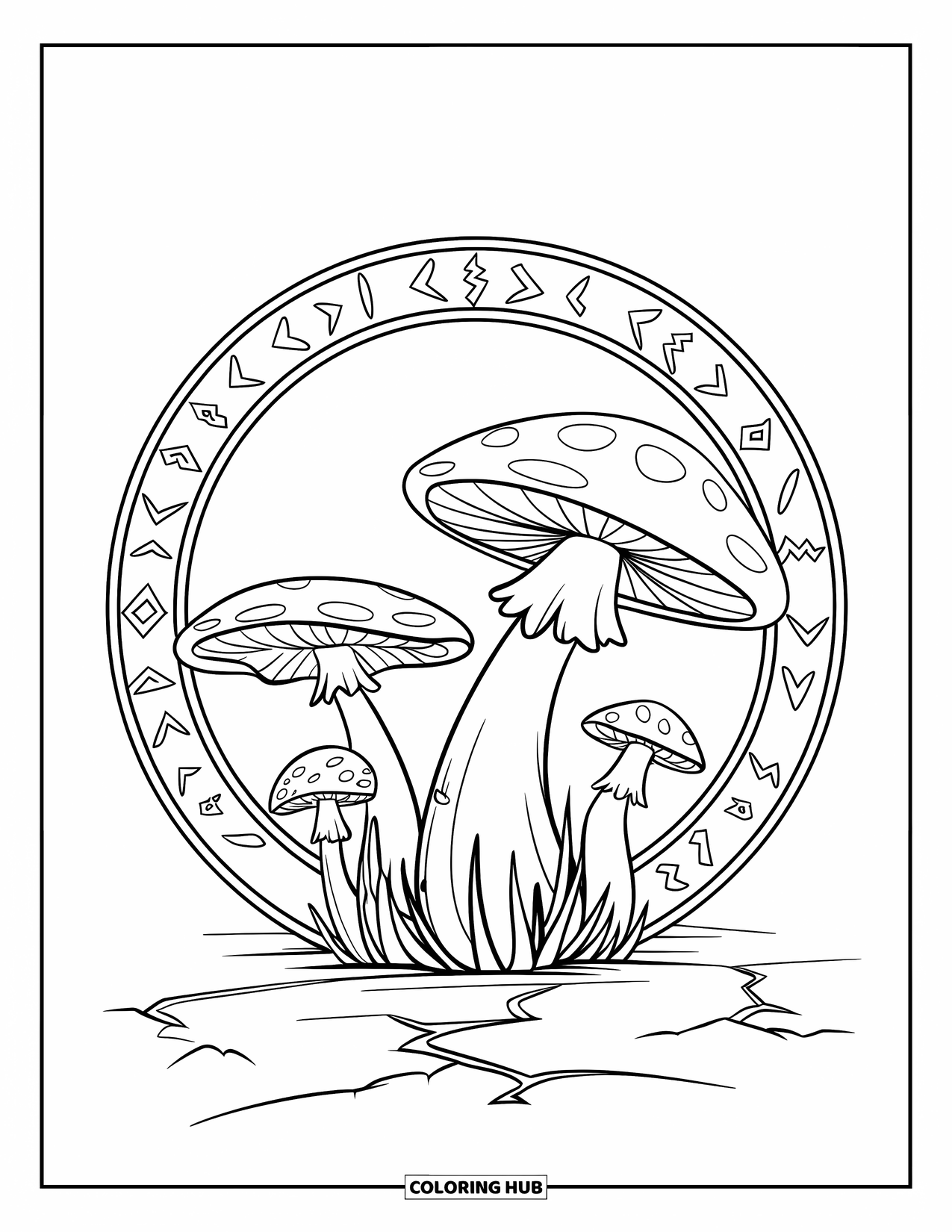 Mushroom Coloring Page for Kids: A circle of mushrooms with ancient runes on the caps