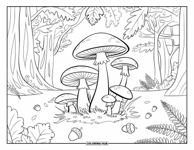 Mushroom Coloring Page for Kids: A cluster of mushrooms with acorns and ferns