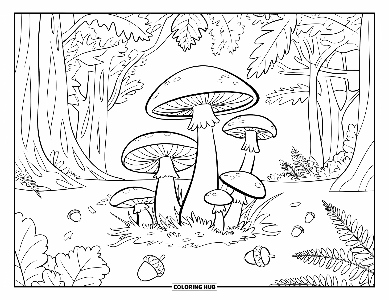 Mushroom Coloring Page for Kids: A cluster of mushrooms with acorns and ferns
