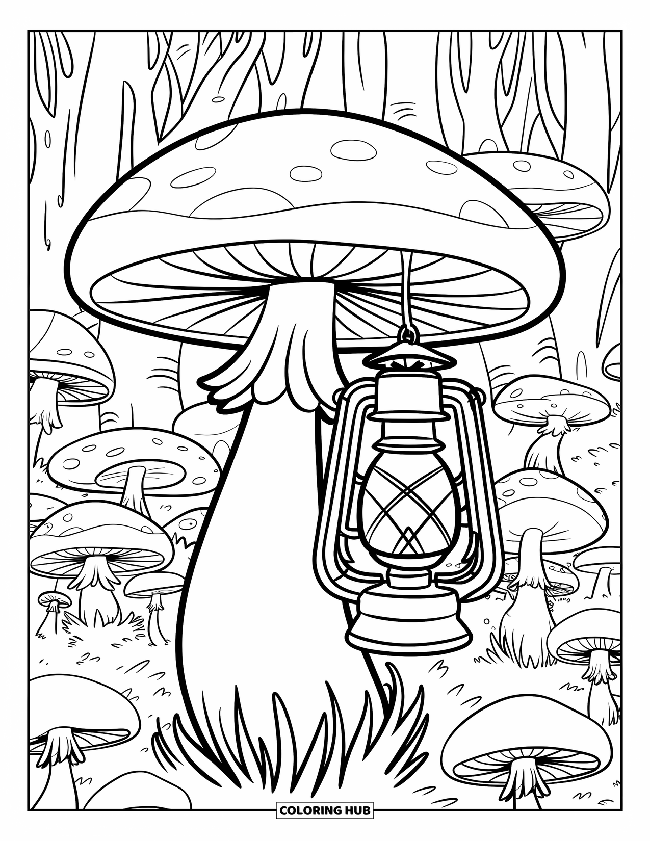 Mushroom Coloring Page for Kids: A cozy lantern hanging from a mushroom