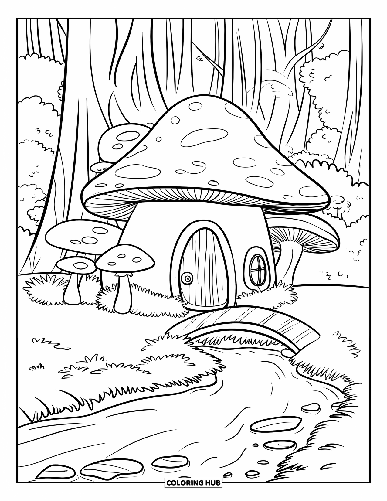 Mushroom Coloring Page for Kids: A cozy mushroom house with a wooden bridge