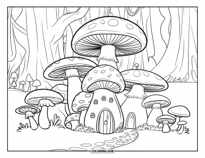 Mushroom Coloring Page for Kids: A cozy mushroom village with doors and windows