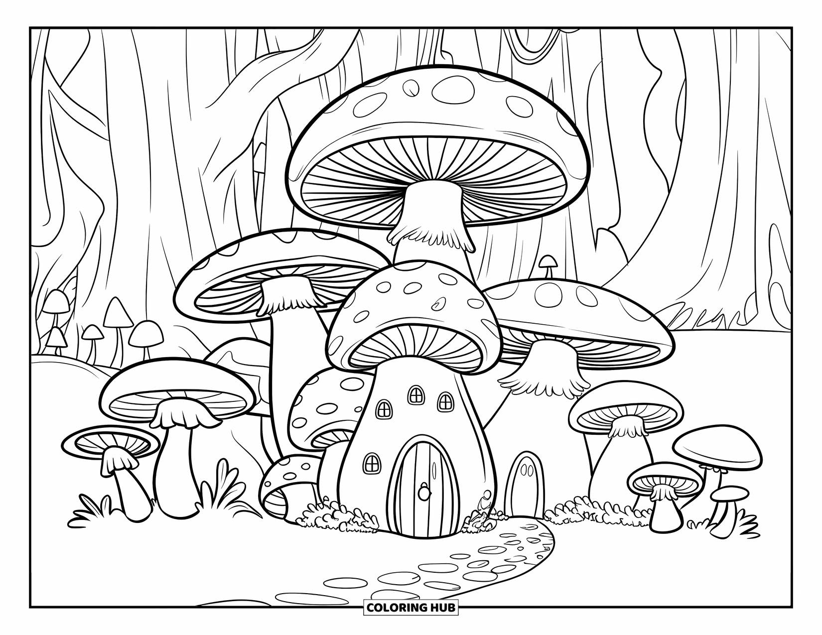 Mushroom Coloring Page for Kids: A cozy mushroom village with doors and windows
