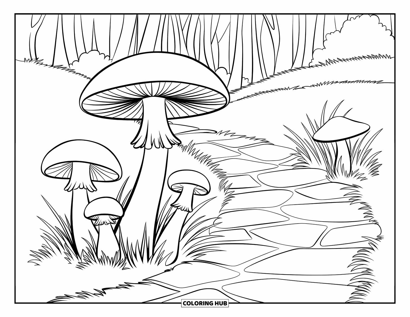Mushroom Coloring Page for Kids: A cracked path surrounded by mushrooms and trees
