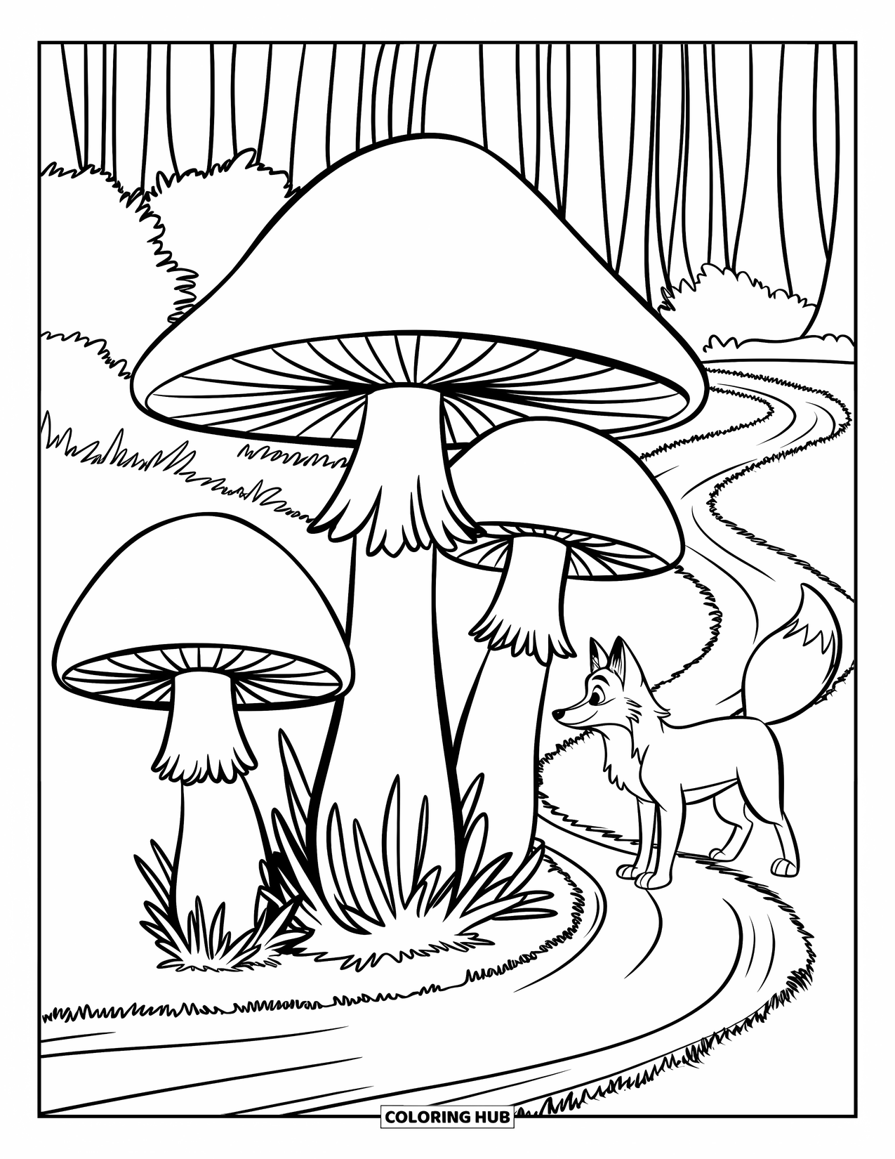 Mushroom Coloring Page for Kids: A curious fox on a path with mushrooms and tall trees