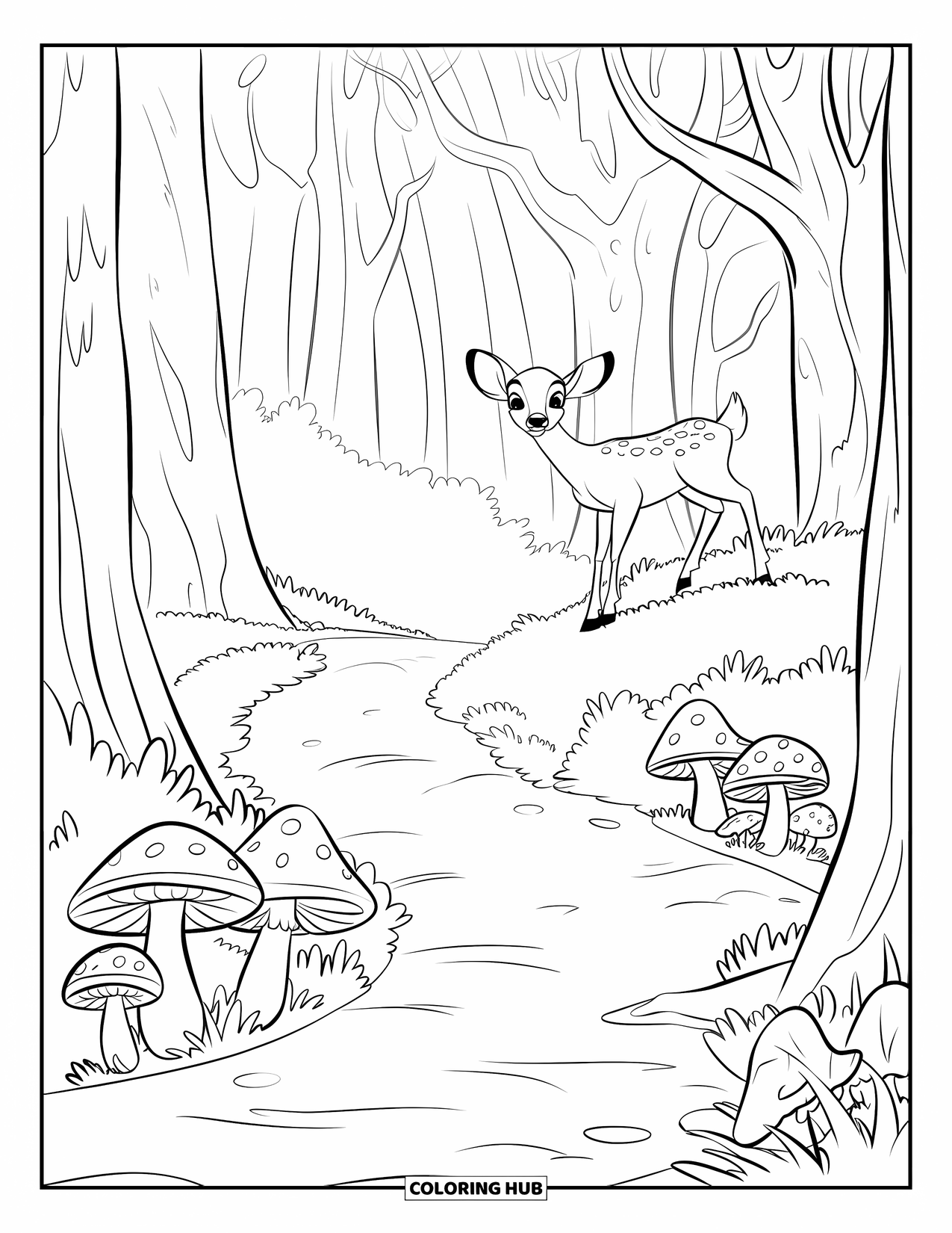 Mushroom Coloring Page for Kids: A deer watching from a hill by a path with mushrooms