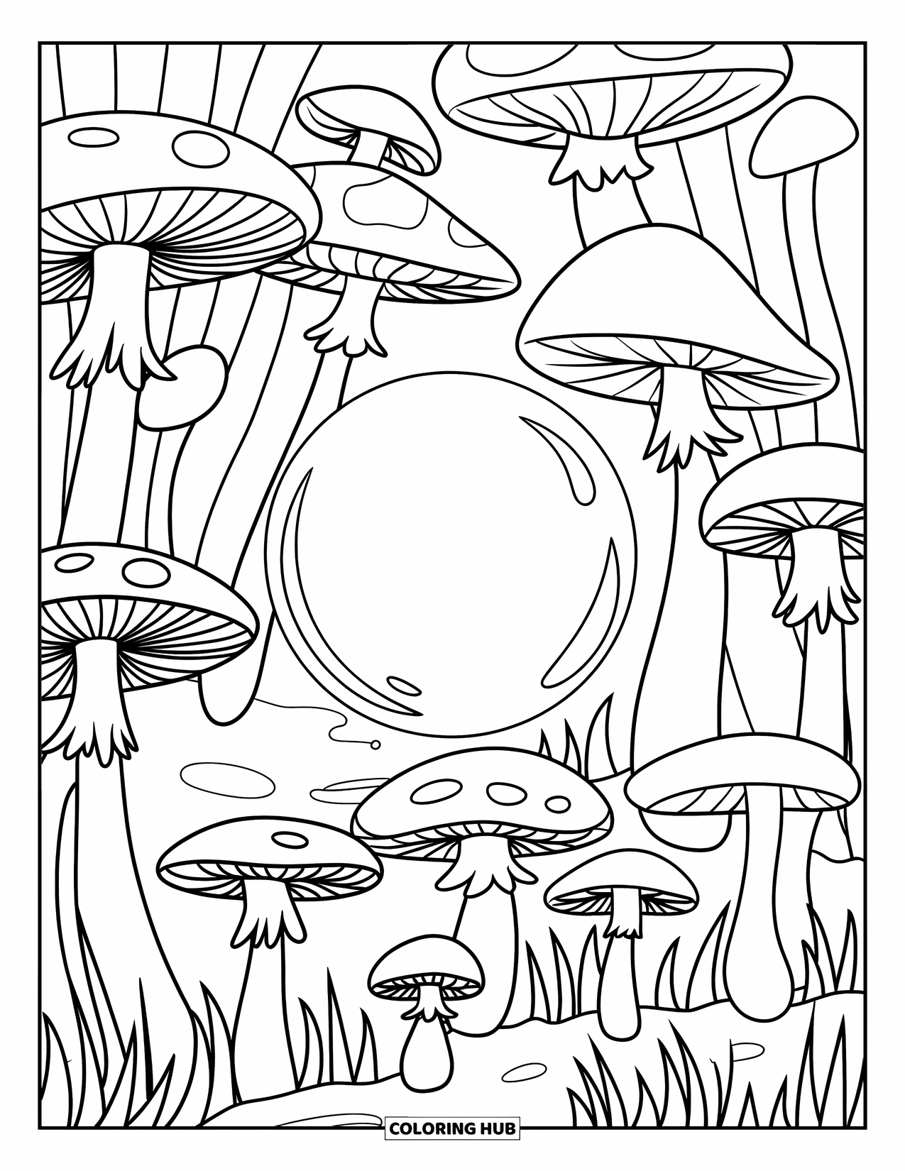 Mushroom Coloring Page for Kids: A forest of mushrooms with a glowing orb in the center